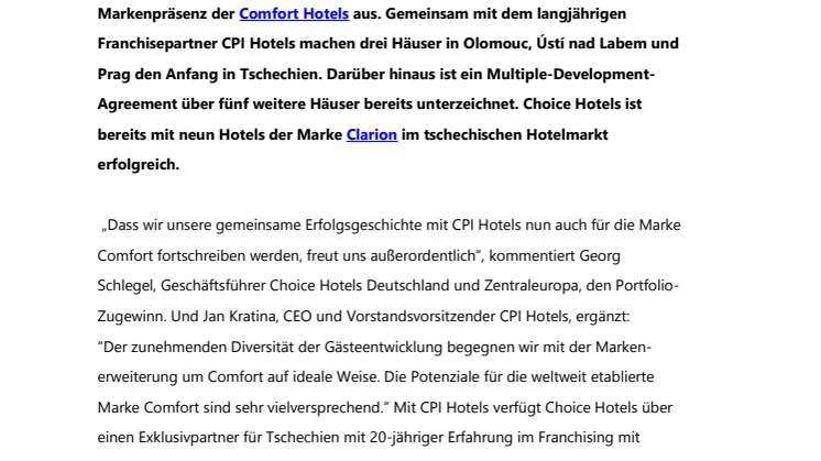 Markteintritt: Comfort Hotels starten in Tschechien durch