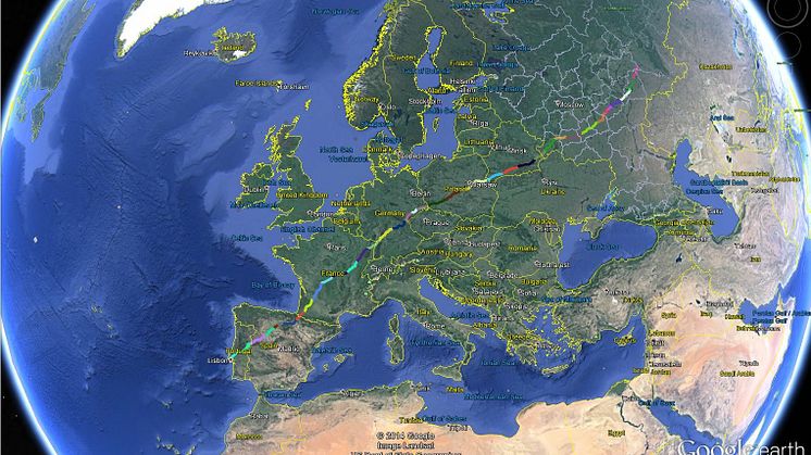 Världskarta med rut genom Europa