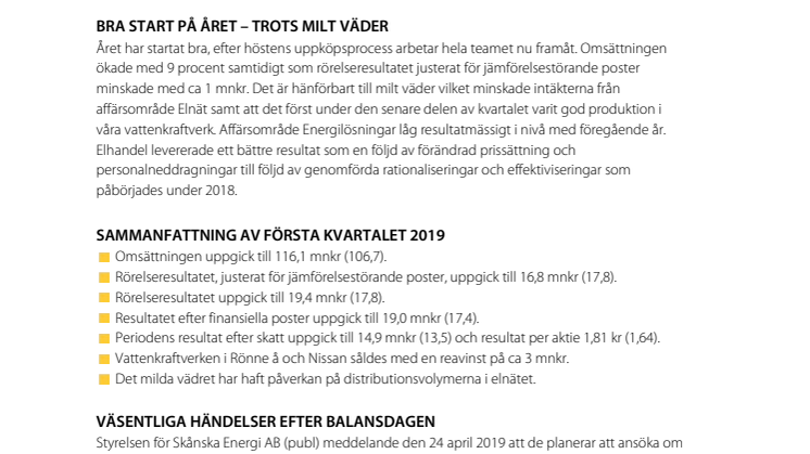 Delårsrapport januari-mars 2019 Skånska Energi AB (publ)