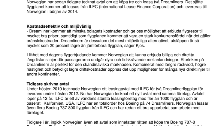 Norwegian tecknar nytt Dreamlineravtal och säkrar sex flygplan 
