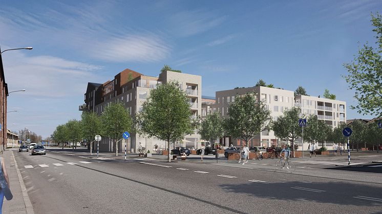 Föreningstorget. Vinnande förslaget av markanvisningstävlingen 2019: Bild 2, Vy från vasterlanggatan HR