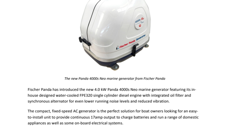Fischer Panda: Fischer Panda Introduces Panda 4000s Neo Marine Generator