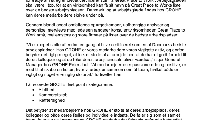 GROHE opnår certificering som en af danmarks bedste arbejdspladser