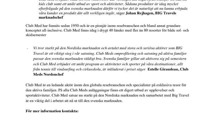 Club Med sluter avtal med BIG Travel