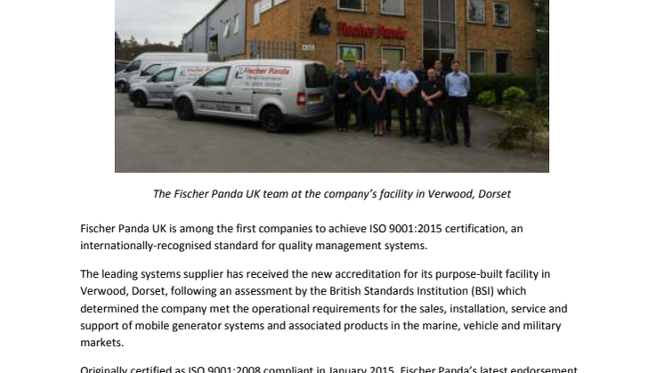 Fischer Panda: Fischer Panda UK Awarded ISO 9001:2015 Certification