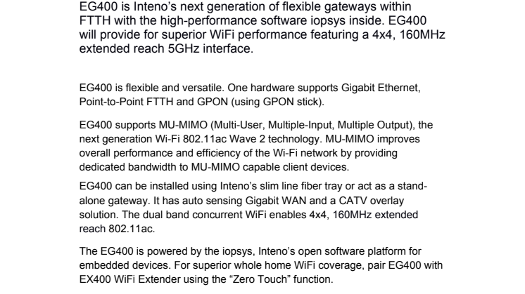 Inteno launches EG400, the versatile 4x4 FTTH gateway