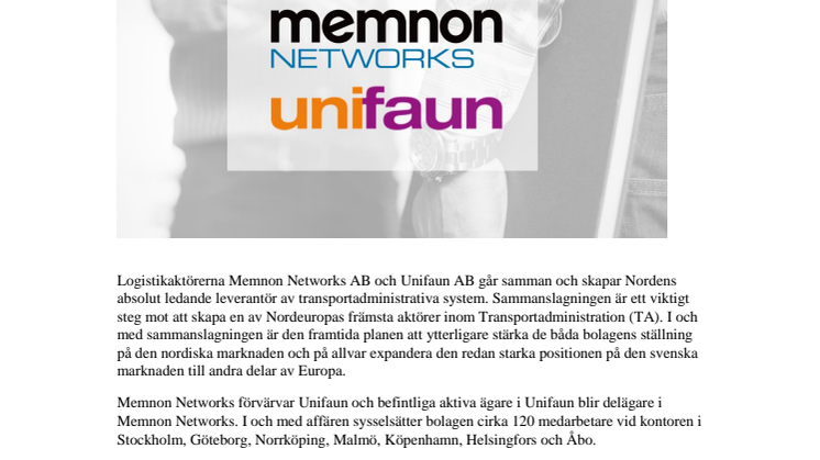 Memnon Networks och Unifaun går ihop och bildar Nordens absolut ledande TA-leverantör