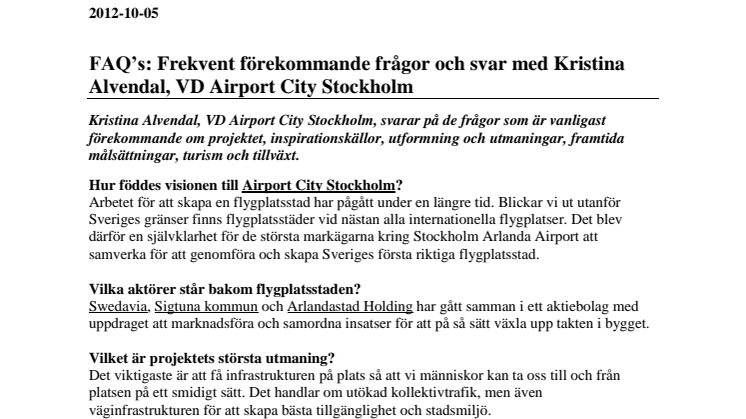 FAQs med Kristina Alvendal, VD Airport City Stockholm