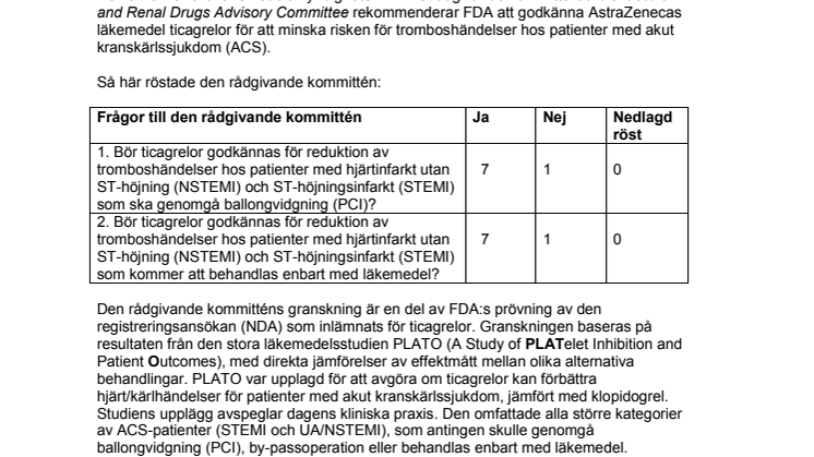 FDA:s rådgivande kommitté rekommenderar FDA att godkänna Brilinta (ticagrelor) mot akut kranskärlssjukdom