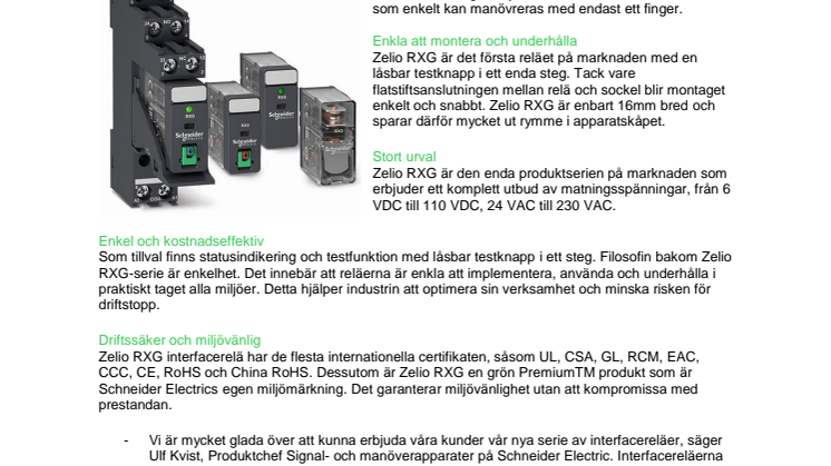 Schneider Electric introducerar Zelio RXG - en ny serie interfacereläer så enkla att de kan manövreras med endast ett finger