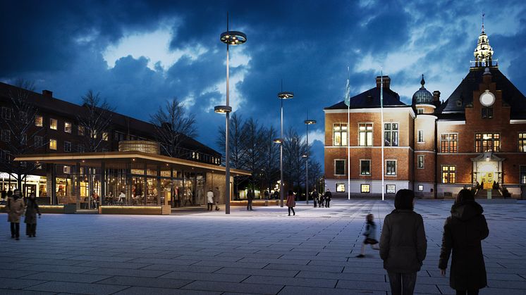 Rådhustorget med den nya lokalen som står färdig hösten 2017. Fotomontage: Sweco