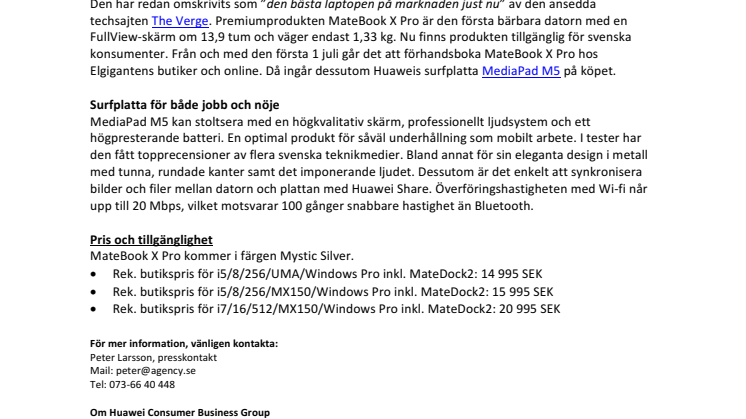MateBook X Pro nu tillgänglig genom förhandsbokning – MediaPad M5 på köpet