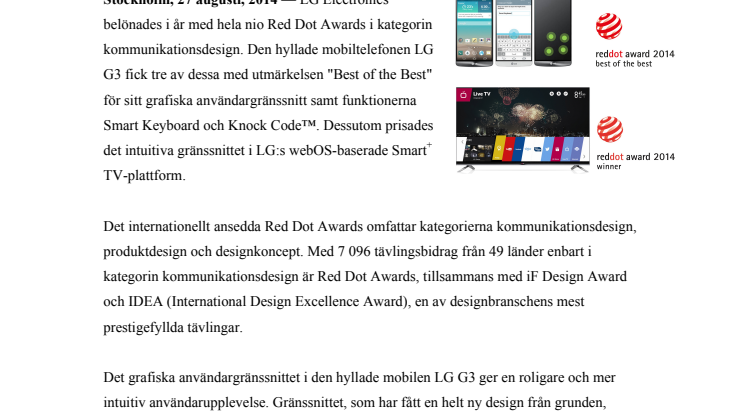 LG G3 OCH LG WEBOS PRISAS I PRESTIGEFYLLDA RED DOT AWARDS 2014