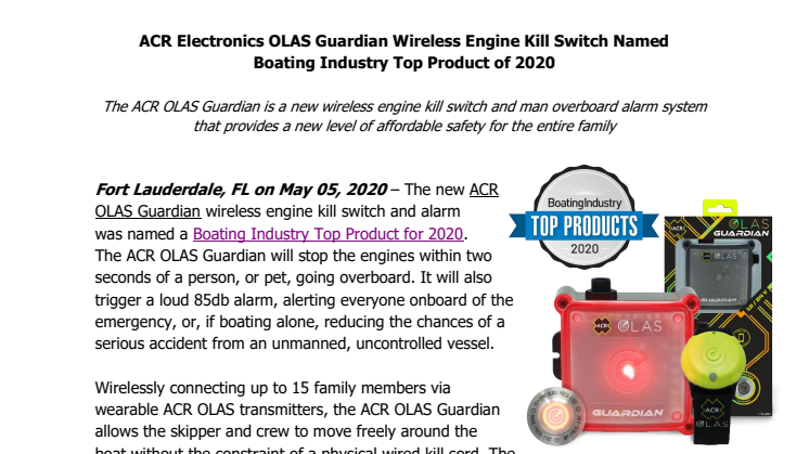 ACR Electronics OLAS Guardian Wireless Engine Kill Switch Named Boating Industry Top Product of 2020