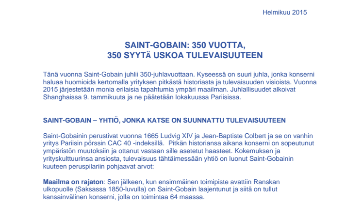 Saint-Gobain: 350 vuotta, 350 syytä uskoa tulevaisuuteen