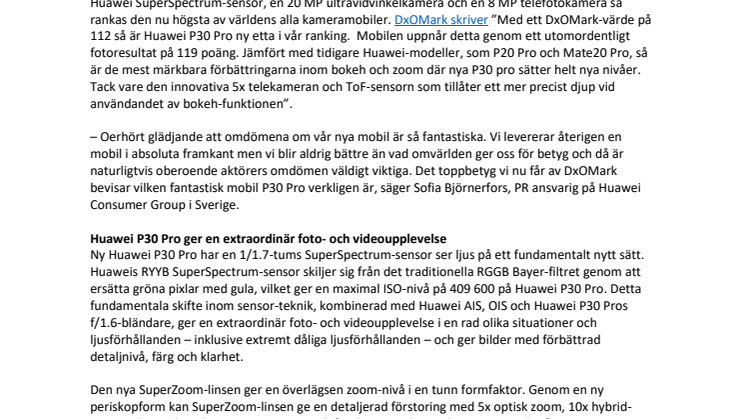 Huawei P30 Pro rankas högst i världen av DxOMark 