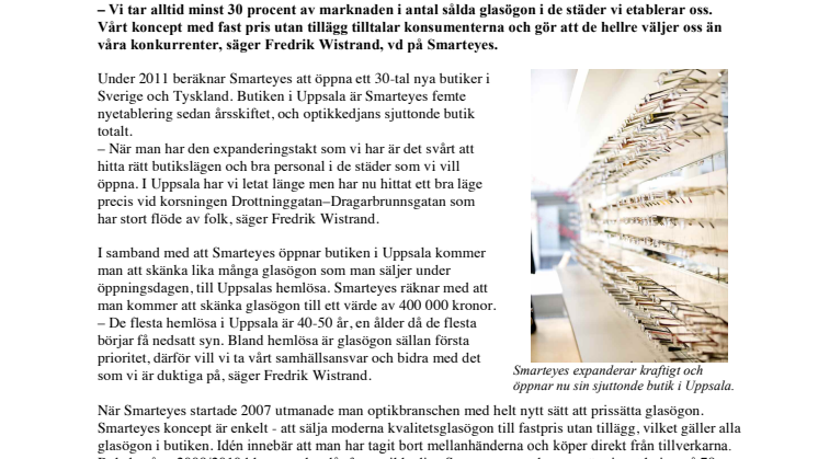 Tar minst 30 procent av glasögonmarknaden i nya städer Optikkedjan Smarteyes öppnar butik i Uppsala 