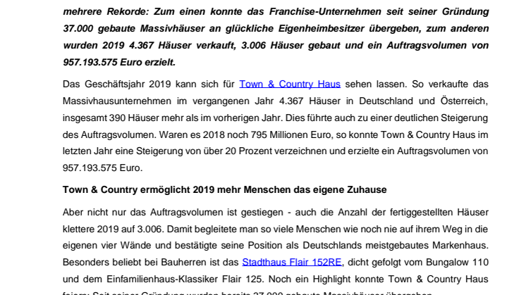 Rekordjahr 2019 für Franchise-System Town & Country Haus