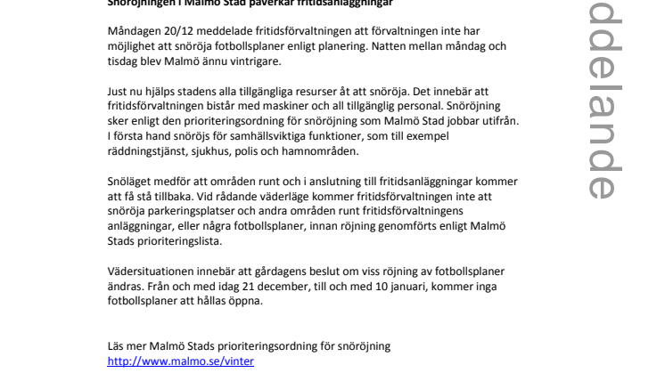 Snöröjningen i Malmö Stad påverkar fritidsanläggningar