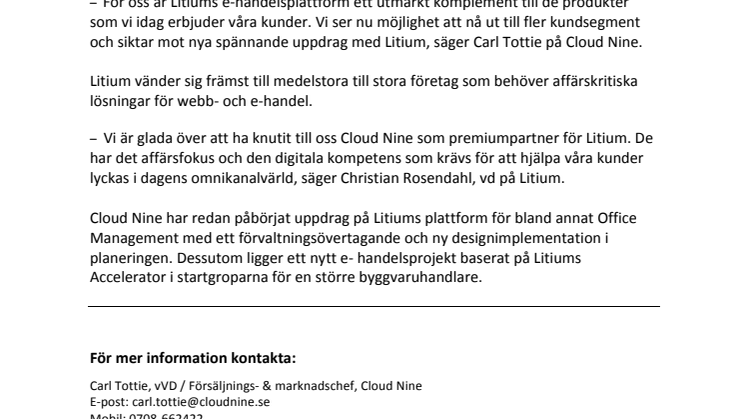 Cloud Nine ny premiumpartner till Litium inom webb- och e-handel