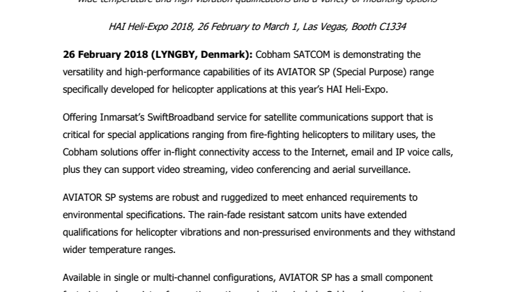 Cobham Showcases AVIATOR SP Satcom Solution for Helicopters