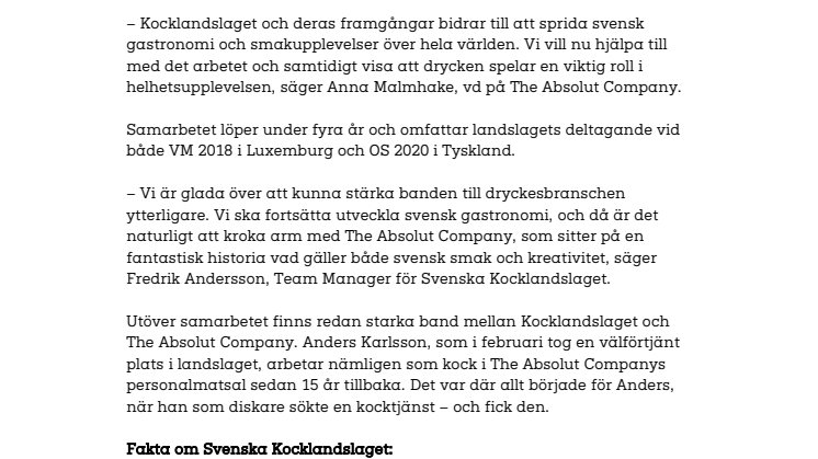 The Absolut Company inleder samarbete med Svenska Kocklandslaget