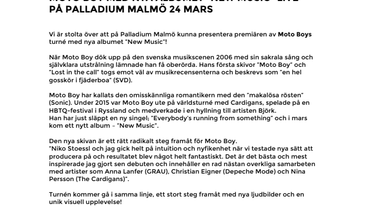 Turnépremiär! Moto Boy med nya albumet "New Music" Live på Palladium Malmö 24 mars