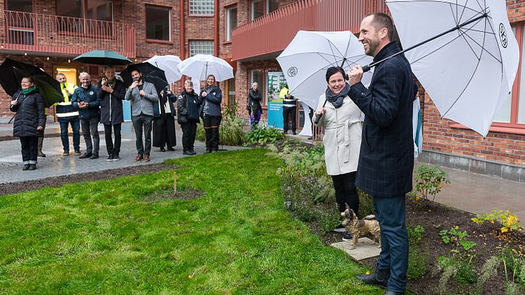 Uppsalas första kooperativa hyresrätter invigdes av SKB och Uppsala kommun när konstverket I tid och rum blev avtäckt av Eva Nordström, vd SKB och Erik Pelling, kommunalråd Uppsala kommun. Foto: DP-bild