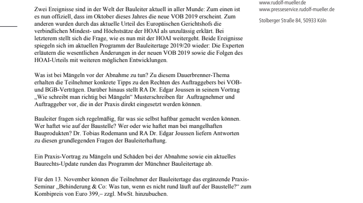 23. Münchner Bauleitertage: VOB 2019/BGB, Mängel und Bauleiterhaftung