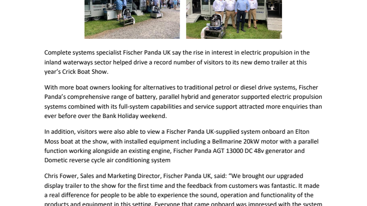 Fischer Panda UK Reports Most Successful Crick Boat Show Yet as  Power of Electric Pulls Visitors to New Demo Trailer