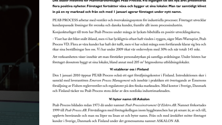 Askalon AB tar över agenturen för Fisher reglerventiler i Finland