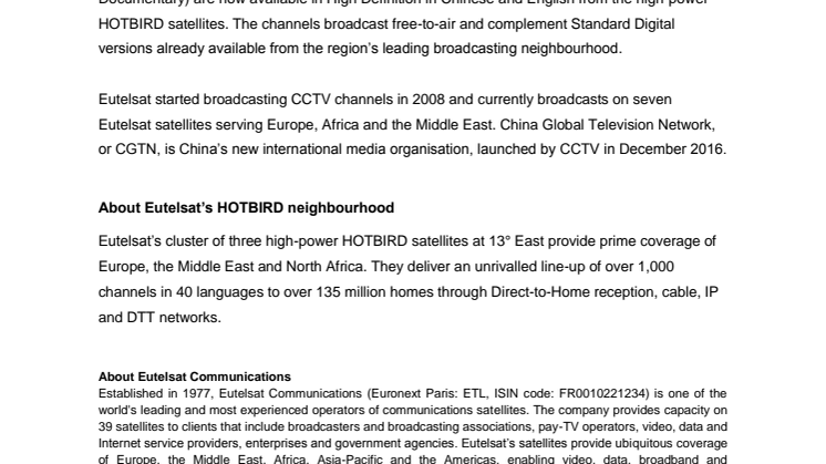 CCTV launches HD broadcasts of three flagship channels from Eutelsat HOTBIRD video neighbourhood