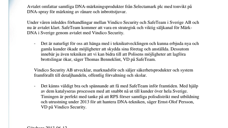SafeTeam tecknar återförsäljaravtal med Vindico Security avseende Märk-DNA för skydd av butiker och företag