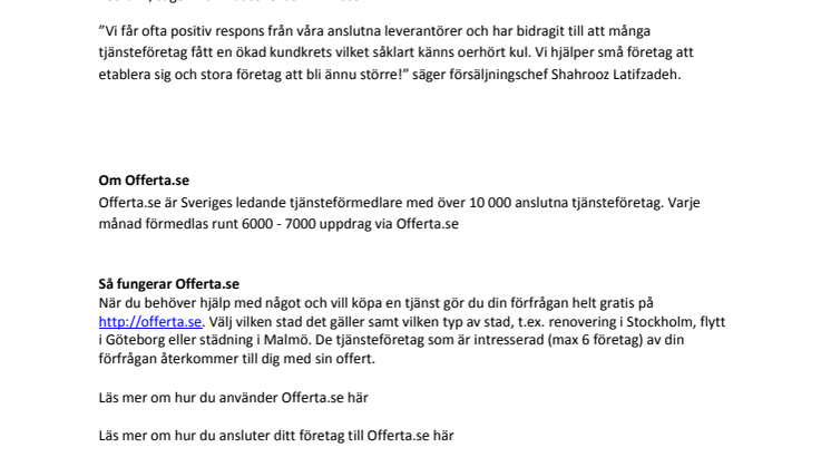 Offerta.se växer så det knakar och har nu 10.000 anslutna tjänsteföretag