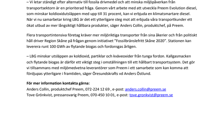 ​​Preem och Öresundskraft i samarbete om Sveriges största station för flytande biogas