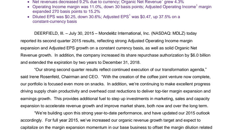 MONDELĒZ INTERNATIONAL REPORTS Q2 RESULTS