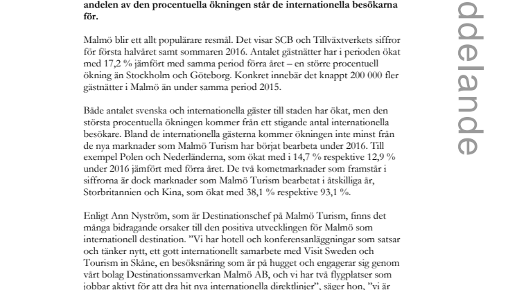 Internationella besökare ökar mest i Malmö