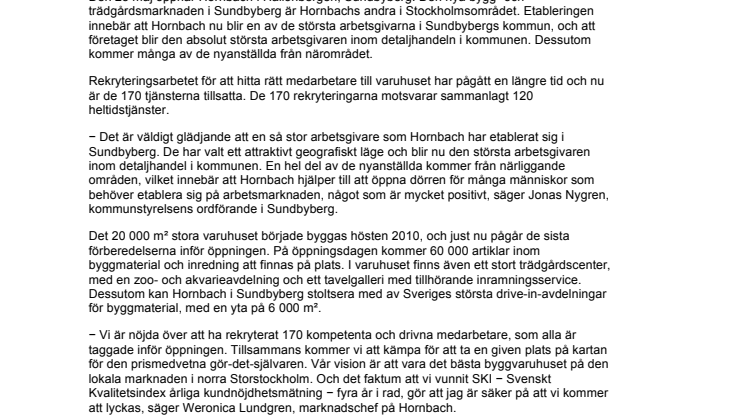 Hornbach anställer 170 personer i Sundbyberg