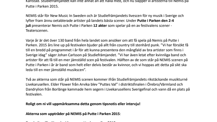 Artistsläpp - 12 artister på Putte i Parken