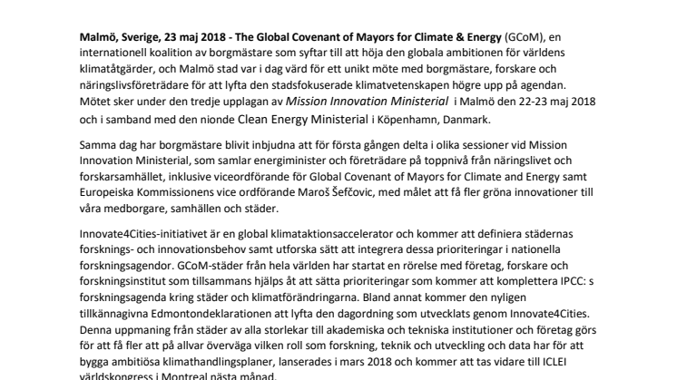 Pressmeddelande från Gobal Convenant of Mayors for climate and energy