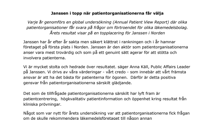 Janssen i topp när patientorganisationerna får välja 