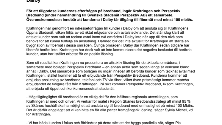 Kraftringen och Perspektiv Bredband i samarbete för fibernät i Dalby