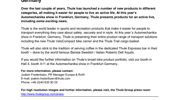 Thule presents the full product range of transport solutions for an active life at this year’s Automechanika show in Germany