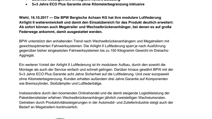 BPW: Luftfederung Airlight II jetzt auch für Wechselbrückenanhänger und Megatrailer