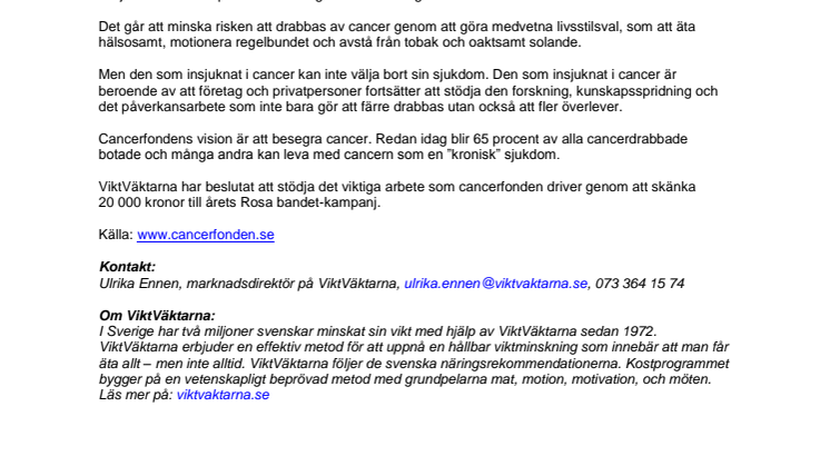  ViktVäktarna stödjer Cancerfonden