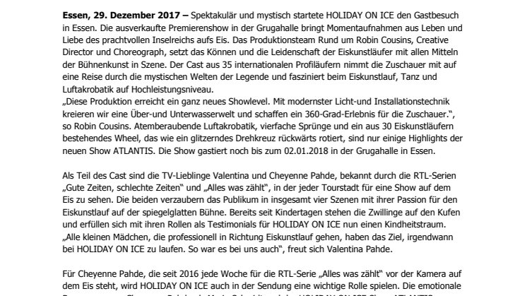 Premiere in Essen: HOLIDAY ON ICE feiert mit Pahde-Zwillingen den Mythos von ATLANTIS