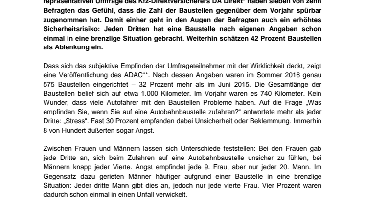 Repräsentative Studie: Autofahrer sehen sich durch Baustellen gefährdet