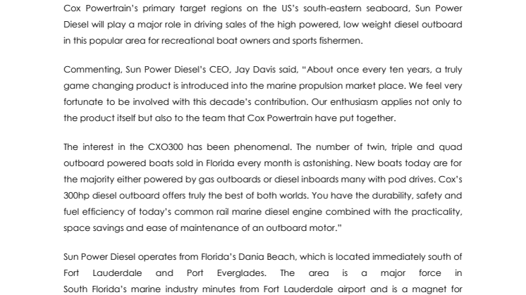 Cox Powertrain: South Florida Diesel Specialist Named as Cox Distributor in Key Target Region