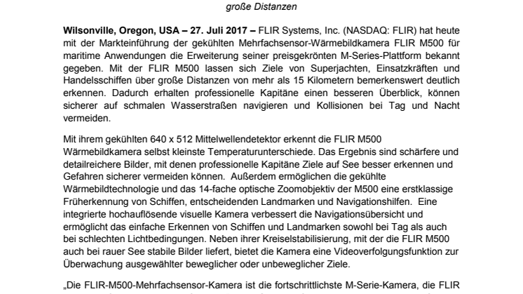 FLIR: FLIR führt leistungsstarke Mehrfachsensor-Kamera FLIR M500 für maritime Anwendungen auf dem Markt ein