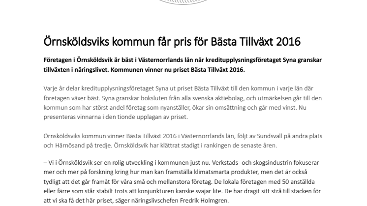 Örnsköldsviks kommun får pris för Bästa Tillväxt 2016